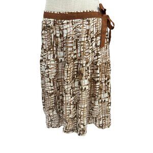 Vintage Carole Little Brown & White Abstract Print Silk Midi Skirt With Side Tie